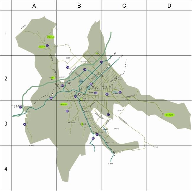 旭川市全域の地図。西から東にかけてA、B、C、Dの4つの地域に北、から南にかけて1、2、3、4の4つの地域に分割されています。中心市街地はB2の地域です。