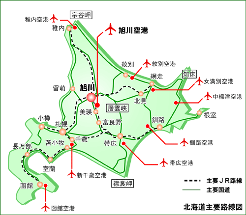 旭川への主要交通路地図
