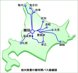 旭川発着の都市間バス路線図