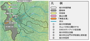 旭川地域イオルに関わる自然環境や伝承関連施設の位置を記載した地図