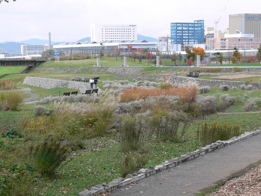 生態階段花壇から旭川駅を望む